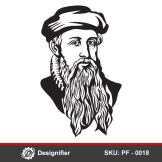 You can create great pieces of art on walls or printing by using Johannes Gutenberg Portrait DXF PF0018 digital files in Laser cutting or engraving, or even CNC technology